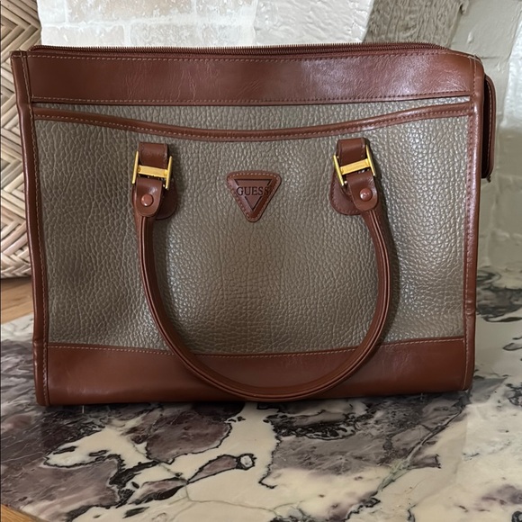 Guess Handbags - Vintage 90s Guess Brown Pebble Leather Double Handle Large Shoulder Bag Purse